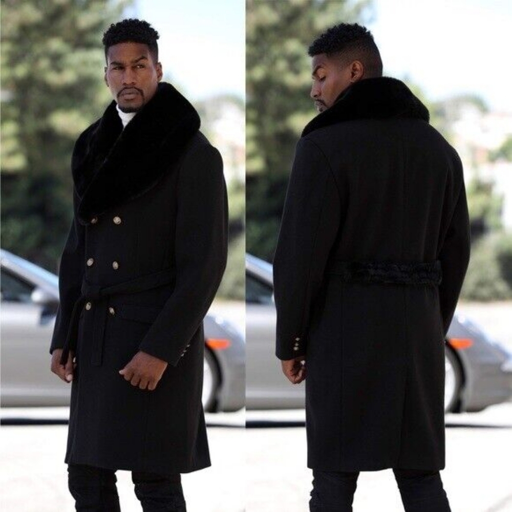 Men's Manzini Black Solid Faux Fur Overcoat NWT